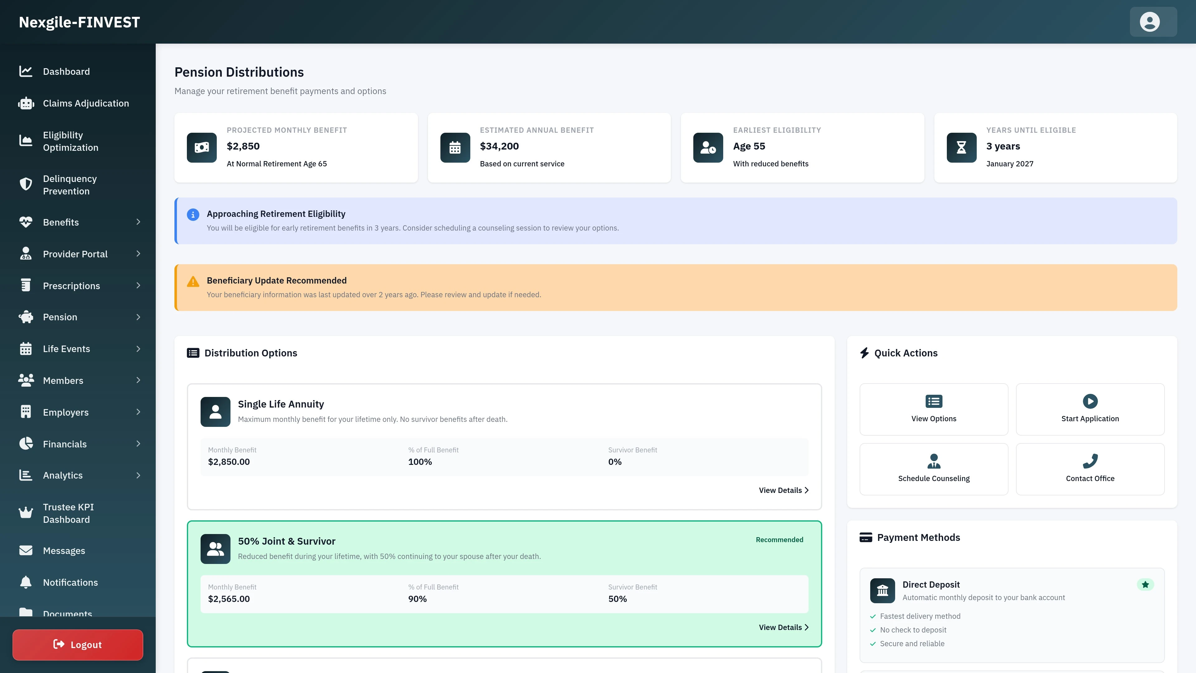 Illustrative preview (sample data, not verified outcomes): Pension Distributions Dashboard