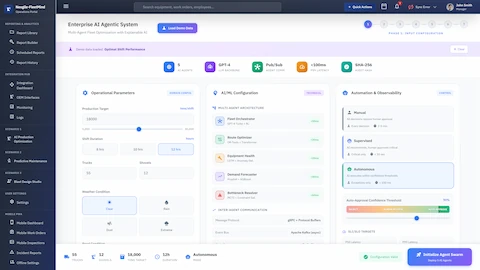 Illustrative preview (sample data, not verified outcomes): Input Configuration phase showing operational parameters setup with production targets, shift duration, fleet sizing, multi-agent architecture configuration featuring 5 AI agents, and automation controls with adjustable auto-approval confidence thresholds.