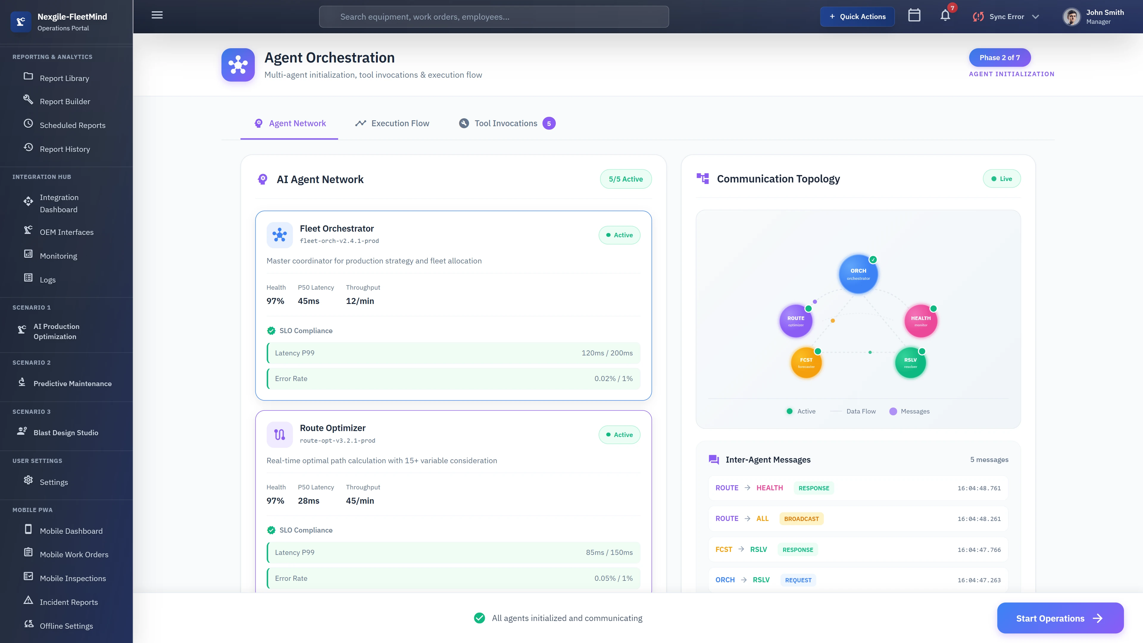 Illustrative preview (sample data, not verified outcomes): Agent Orchestration phase displaying the AI Agent Network with all 5 agents active, real-time communication topology visualization showing data flow between agents, inter-agent messaging logs, and SLO compliance metrics with latency and error rate tracking.