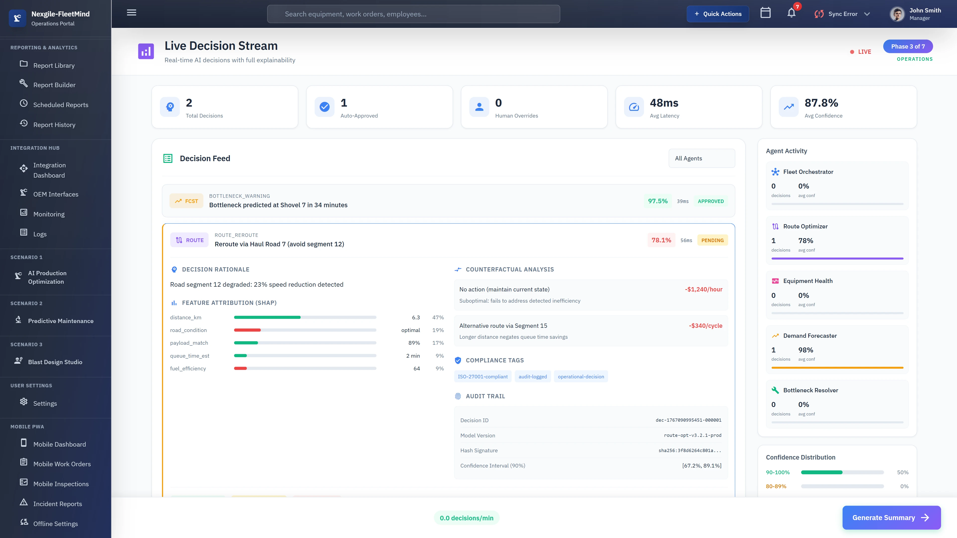 Illustrative preview (sample data, not verified outcomes): Live Decision Stream showing real-time AI decisions with full explainability including SHAP-based feature attribution, counterfactual analysis comparing alternative scenarios, compliance tags, immutable audit trail with decision IDs and hash signatures, and agent activity monitoring.