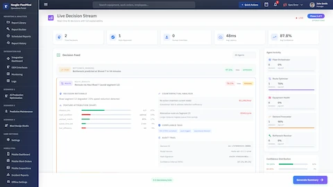 Illustrative preview (sample data, not verified outcomes): Live Decision Stream showing real-time AI decisions with full explainability including SHAP-based feature attribution, counterfactual analysis comparing alternative scenarios, compliance tags, immutable audit trail with decision IDs and hash signatures, and agent activity monitoring.