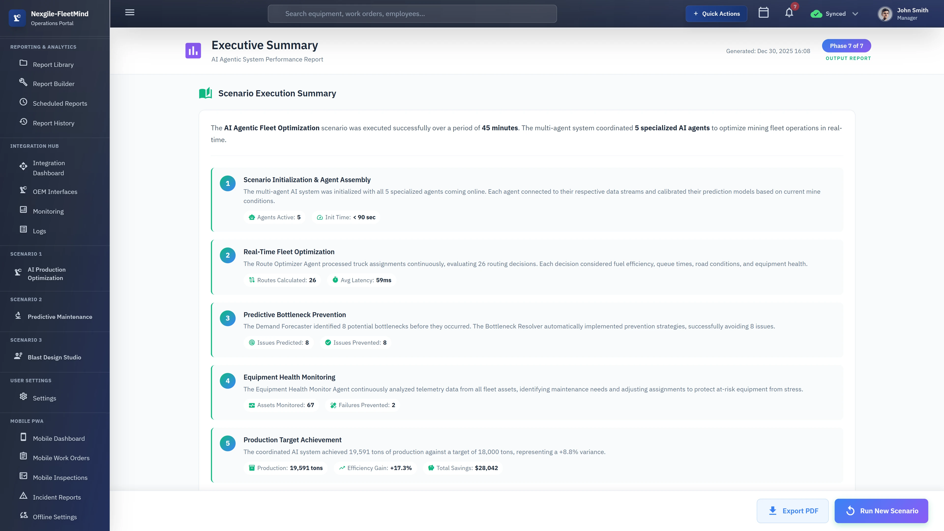 Illustrative preview (sample data, not verified outcomes): Executive Summary report displaying scenario execution results with 5-step performance breakdown covering agent initialization, real-time fleet optimization, predictive bottleneck prevention, equipment health monitoring, and production target achievement with efficiency gains and total cost savings.