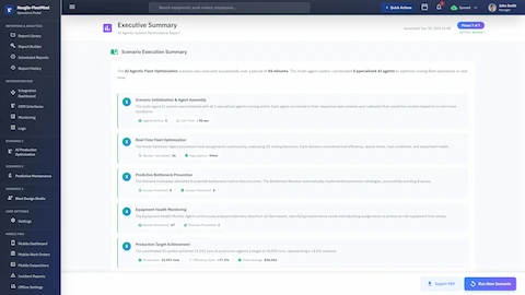 Illustrative preview (sample data, not verified outcomes): Executive Summary report displaying scenario execution results with 5-step performance breakdown covering agent initialization, real-time fleet optimization, predictive bottleneck prevention, equipment health monitoring, and production target achievement with efficiency gains and total cost savings.