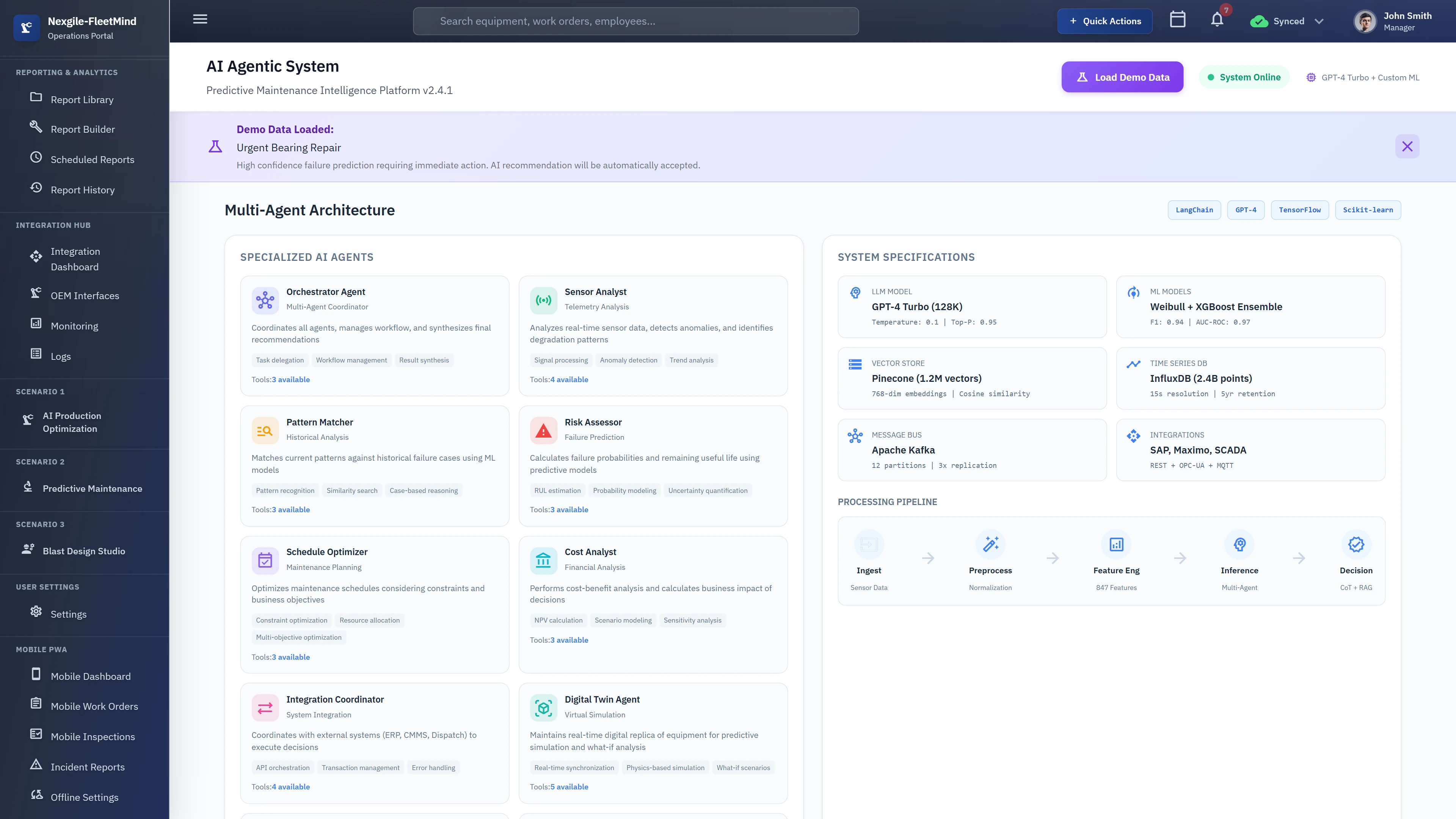 Illustrative preview (sample data, not verified outcomes): Multi-Agent Architecture dashboard displaying 10 specialized AI agents including Orchestrator, Sensor Analyst, Pattern Matcher, Risk Assessor, Schedule Optimizer, Cost Analyst, Integration Coordinator, Digital Twin, Sustainability Analyst, and Fleet Intelligence with system specifications and processing pipeline stages.