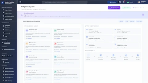 Illustrative preview (sample data, not verified outcomes): Multi-Agent Architecture dashboard displaying 10 specialized AI agents including Orchestrator, Sensor Analyst, Pattern Matcher, Risk Assessor, Schedule Optimizer, Cost Analyst, Integration Coordinator, Digital Twin, Sustainability Analyst, and Fleet Intelligence with system specifications and processing pipeline stages.