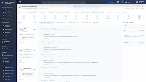 Illustrative preview (sample data, not verified outcomes): AI Agent Workspace showing agents executing ReAct reasoning loops with real-time thought processes, observations, and actions displayed alongside agent memory panel tracking reasoning chains, tool invocations, and inter-agent coordination status.