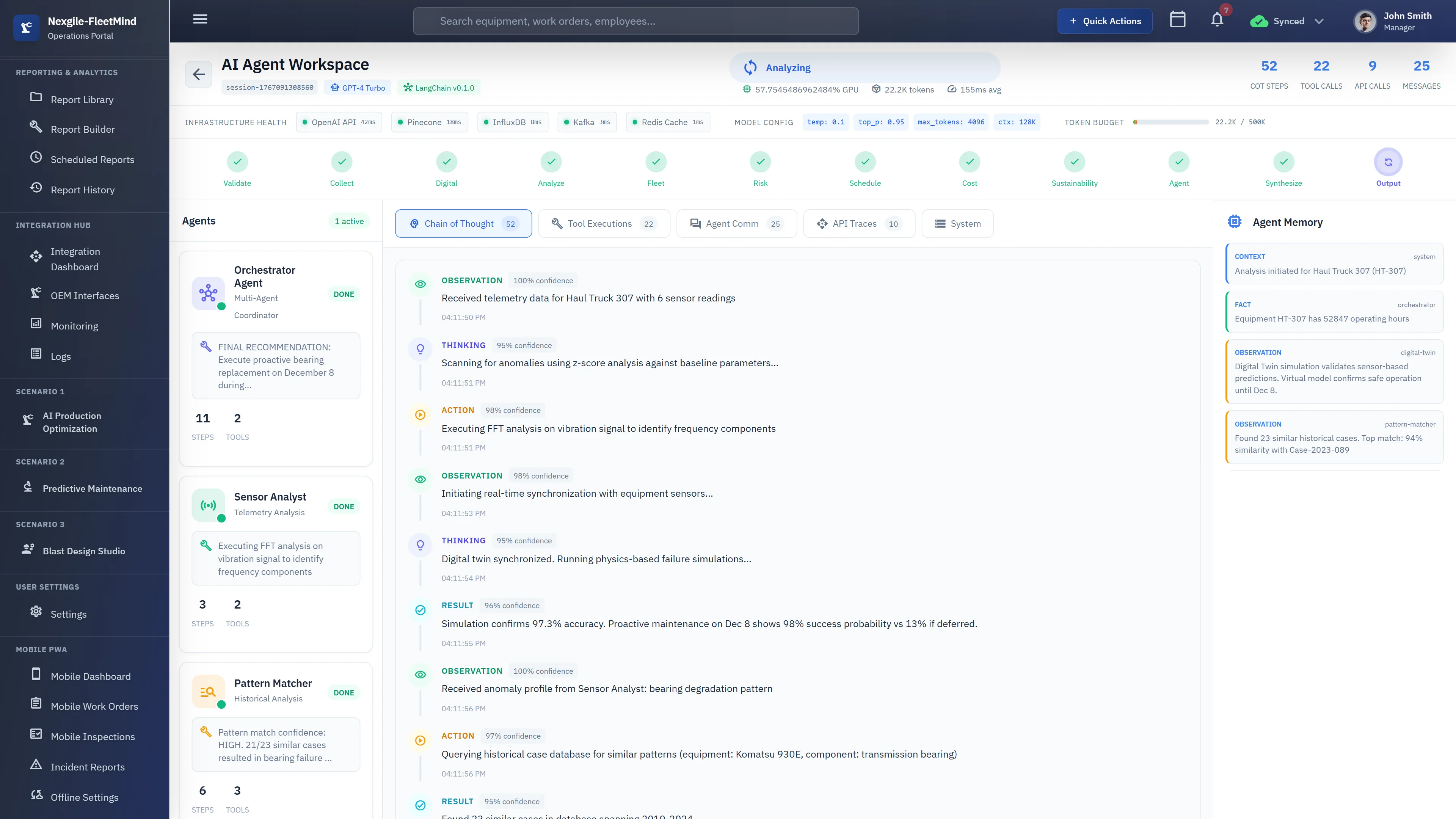Illustrative preview (sample data, not verified outcomes): AI Agent Workspace showing agents executing ReAct reasoning loops with real-time thought processes, observations, and actions displayed alongside agent memory panel tracking reasoning chains, tool invocations, and inter-agent coordination status.