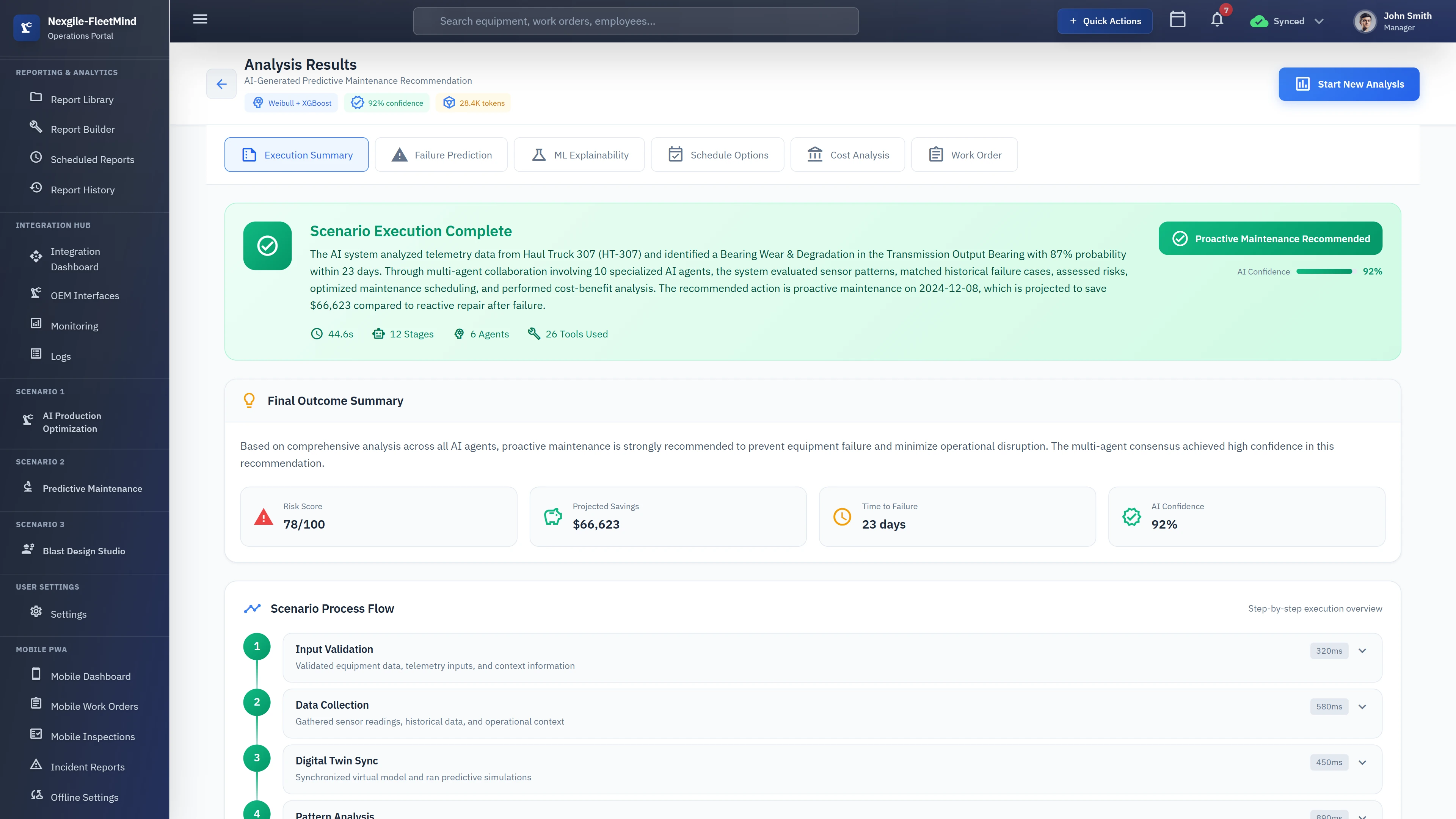 Illustrative preview (sample data, not verified outcomes): Analysis Results with Execution Summary showing completed scenario with proactive maintenance recommendation at 92% AI confidence, final outcome metrics including risk score, projected savings of $66,623, time to failure prediction, and step-by-step scenario process flow.