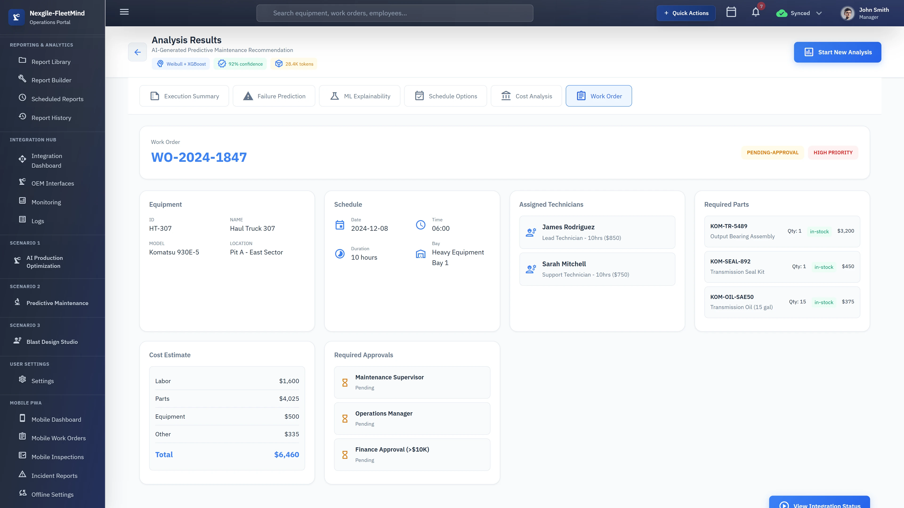 Illustrative preview (sample data, not verified outcomes): Work Order generation screen displaying AI-generated maintenance work order with equipment details, optimized scheduling, assigned technicians with labor costs, required parts inventory with pricing, itemized cost estimates, and multi-level approval workflow status.