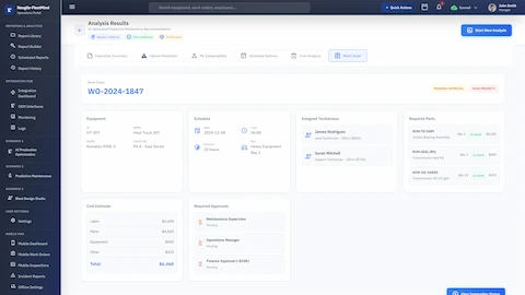 Illustrative preview (sample data, not verified outcomes): Work Order generation screen displaying AI-generated maintenance work order with equipment details, optimized scheduling, assigned technicians with labor costs, required parts inventory with pricing, itemized cost estimates, and multi-level approval workflow status.