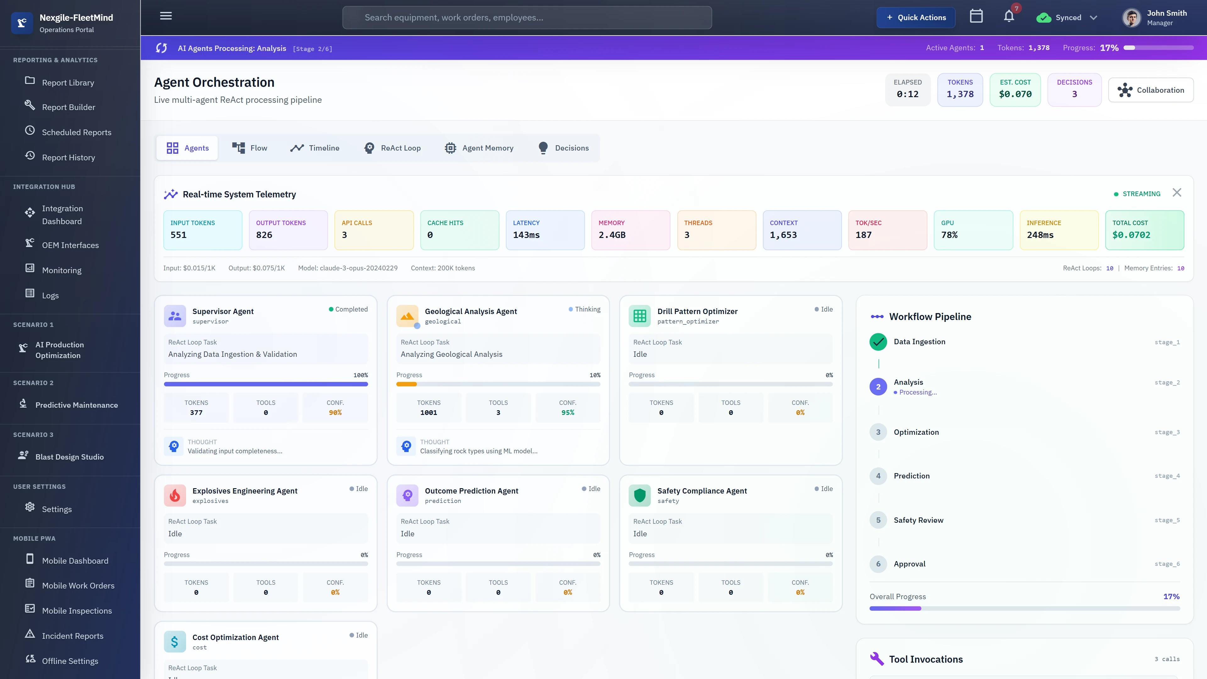Illustrative preview (sample data, not verified outcomes): Agent Orchestration view displaying live multi-agent ReAct processing pipeline with real-time system telemetry including token usage, API calls, latency metrics, multiple specialized agents executing tasks with progress tracking, workflow pipeline stages, and tool invocation monitoring.