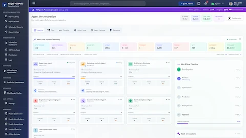 Illustrative preview (sample data, not verified outcomes): Agent Orchestration view displaying live multi-agent ReAct processing pipeline with real-time system telemetry including token usage, API calls, latency metrics, multiple specialized agents executing tasks with progress tracking, workflow pipeline stages, and tool invocation monitoring.