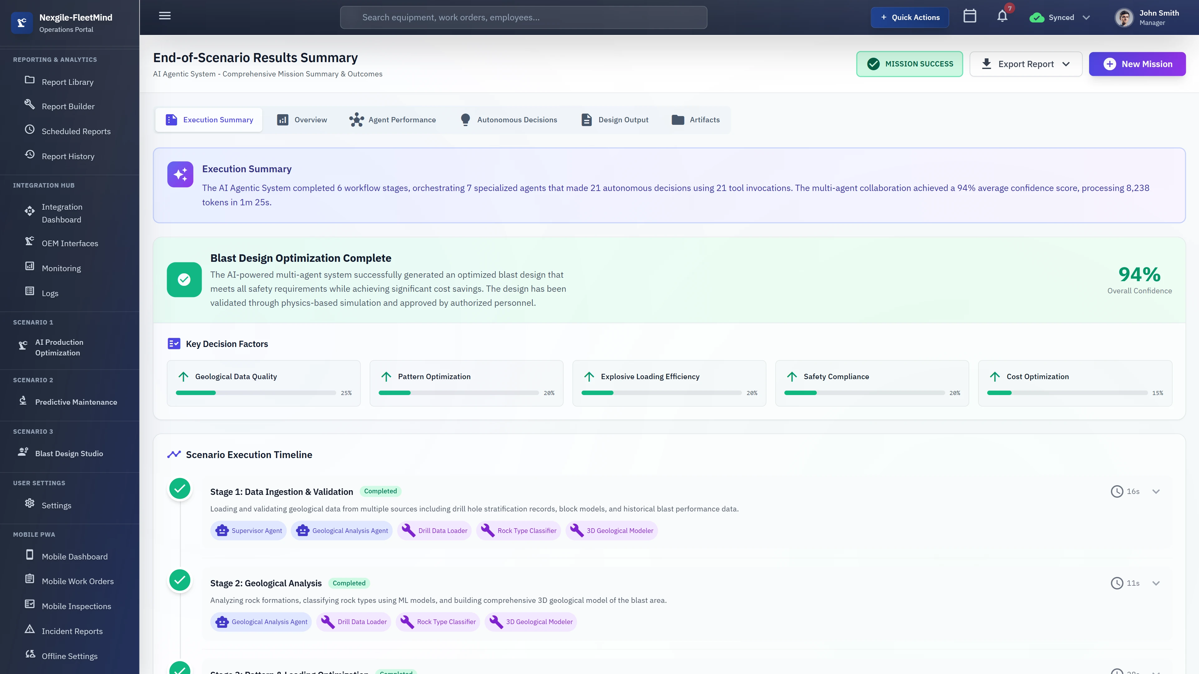 Illustrative preview (sample data, not verified outcomes): End-of-Scenario Results Summary displaying mission success status with 94% overall confidence, execution summary of multi-agent collaboration, blast design optimization completion confirmation, key decision factors breakdown, and detailed scenario execution timeline with completed workflow stages.