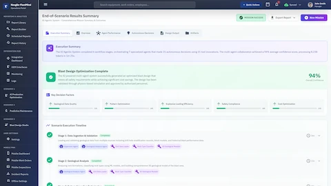 Illustrative preview (sample data, not verified outcomes): End-of-Scenario Results Summary displaying mission success status with 94% overall confidence, execution summary of multi-agent collaboration, blast design optimization completion confirmation, key decision factors breakdown, and detailed scenario execution timeline with completed workflow stages.
