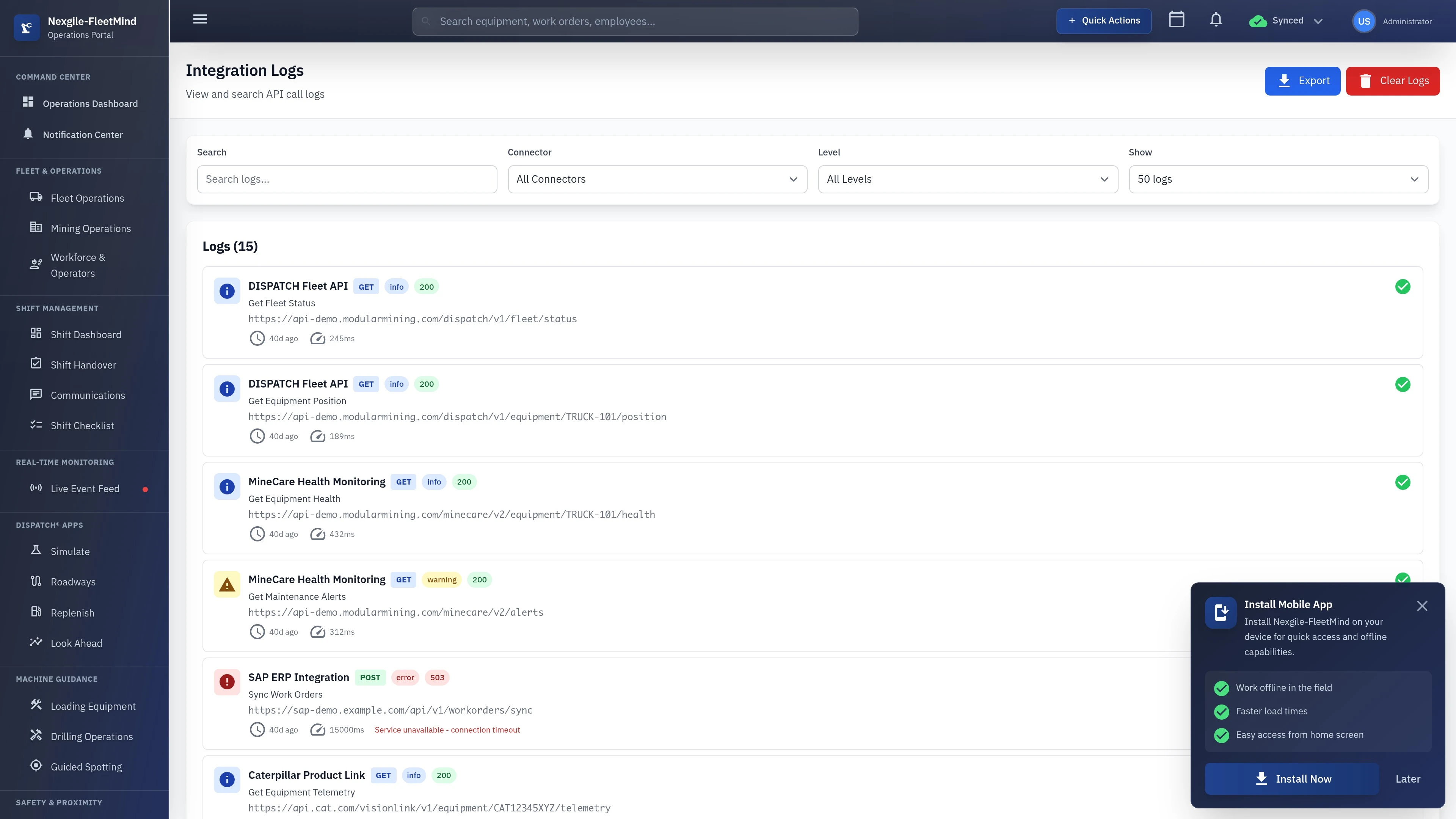 Illustrative preview (sample data, not verified outcomes): Integration Logs showing system connectivity status and data synchronization events