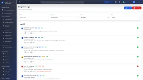 Illustrative preview (sample data, not verified outcomes): Integration Logs showing system connectivity status and data synchronization events