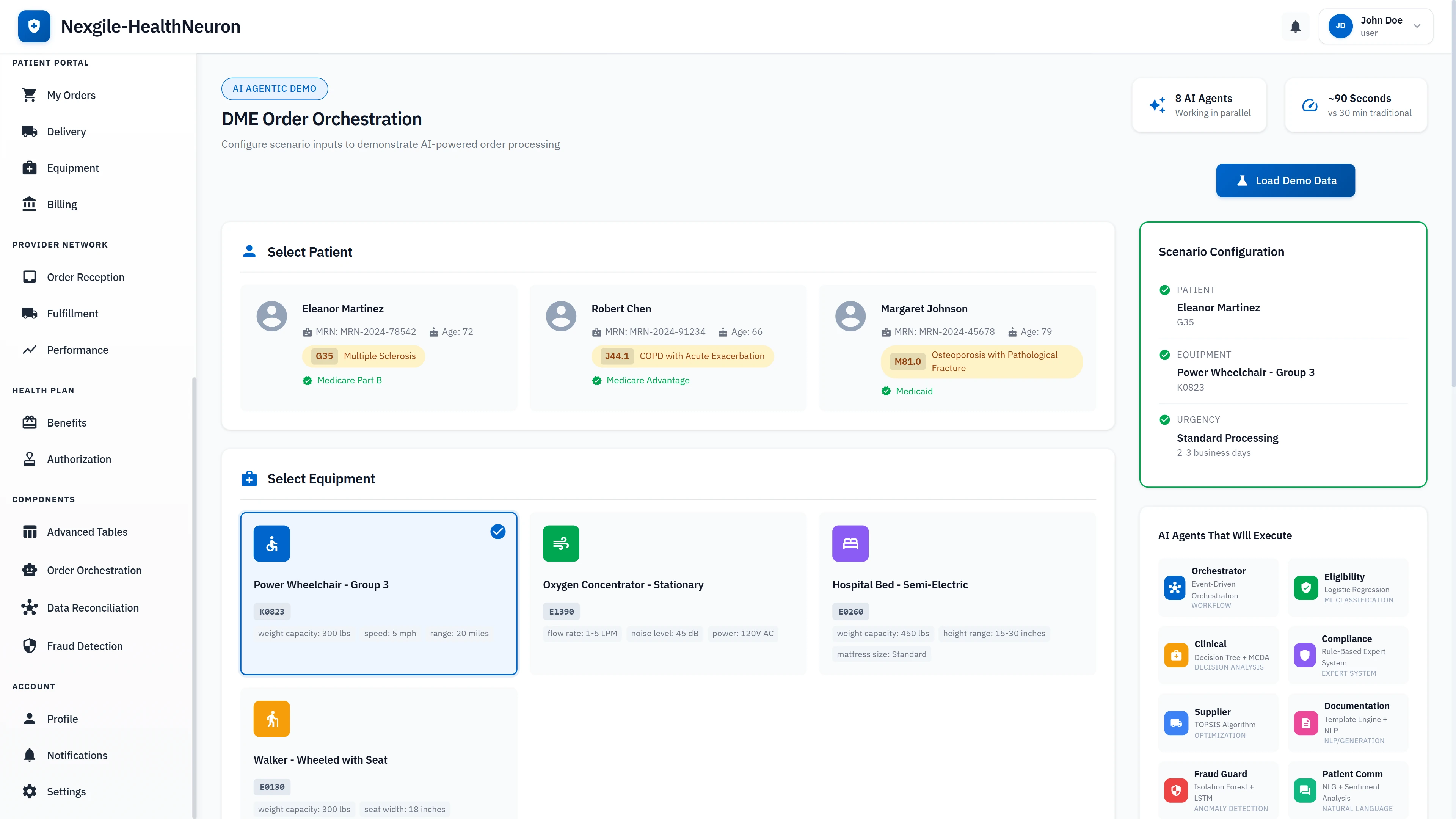 Illustrative preview (sample data, not verified outcomes): DME Order Orchestration configuration screen showing patient selection, equipment catalog, and 8 AI agents ready to process orders with sub-2-minute processing time