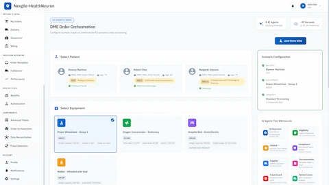 Illustrative preview (sample data, not verified outcomes): DME Order Orchestration configuration screen showing patient selection, equipment catalog, and 8 AI agents ready to process orders with sub-2-minute processing time
