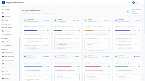 Illustrative preview (sample data, not verified outcomes): Real-time AI agent orchestration dashboard displaying parallel execution of 8 specialized agents with live progress tracking and chain-of-thought reasoning