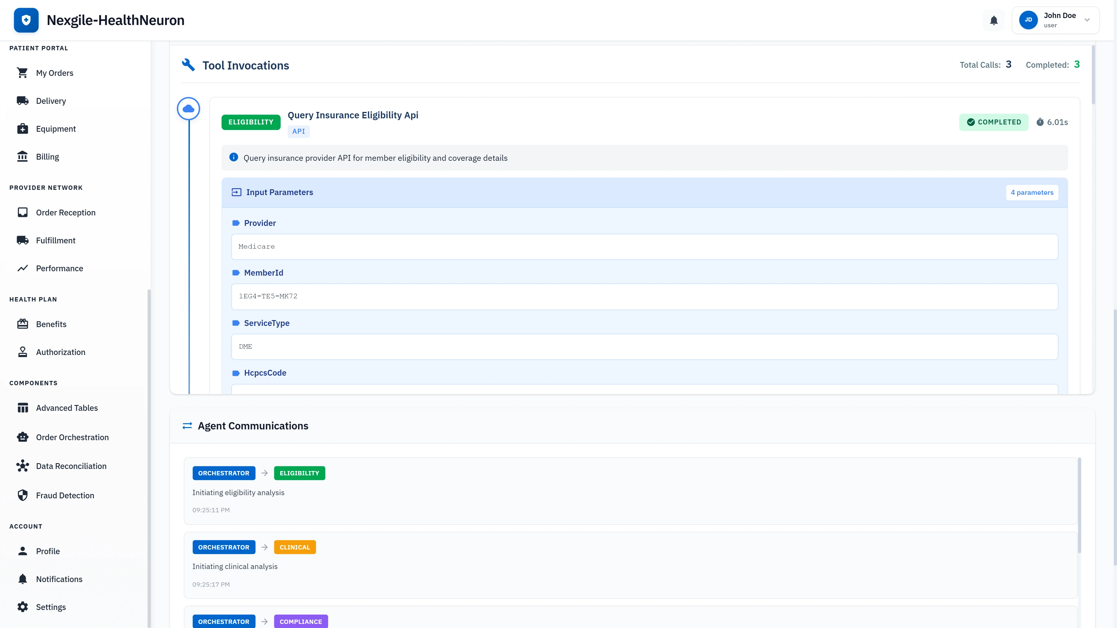 Illustrative preview (sample data, not verified outcomes): Tool invocations and inter-agent communication view showing eligibility API calls and message exchanges between orchestrator and specialized agents