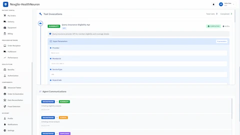 Illustrative preview (sample data, not verified outcomes): Tool invocations and inter-agent communication view showing eligibility API calls and message exchanges between orchestrator and specialized agents