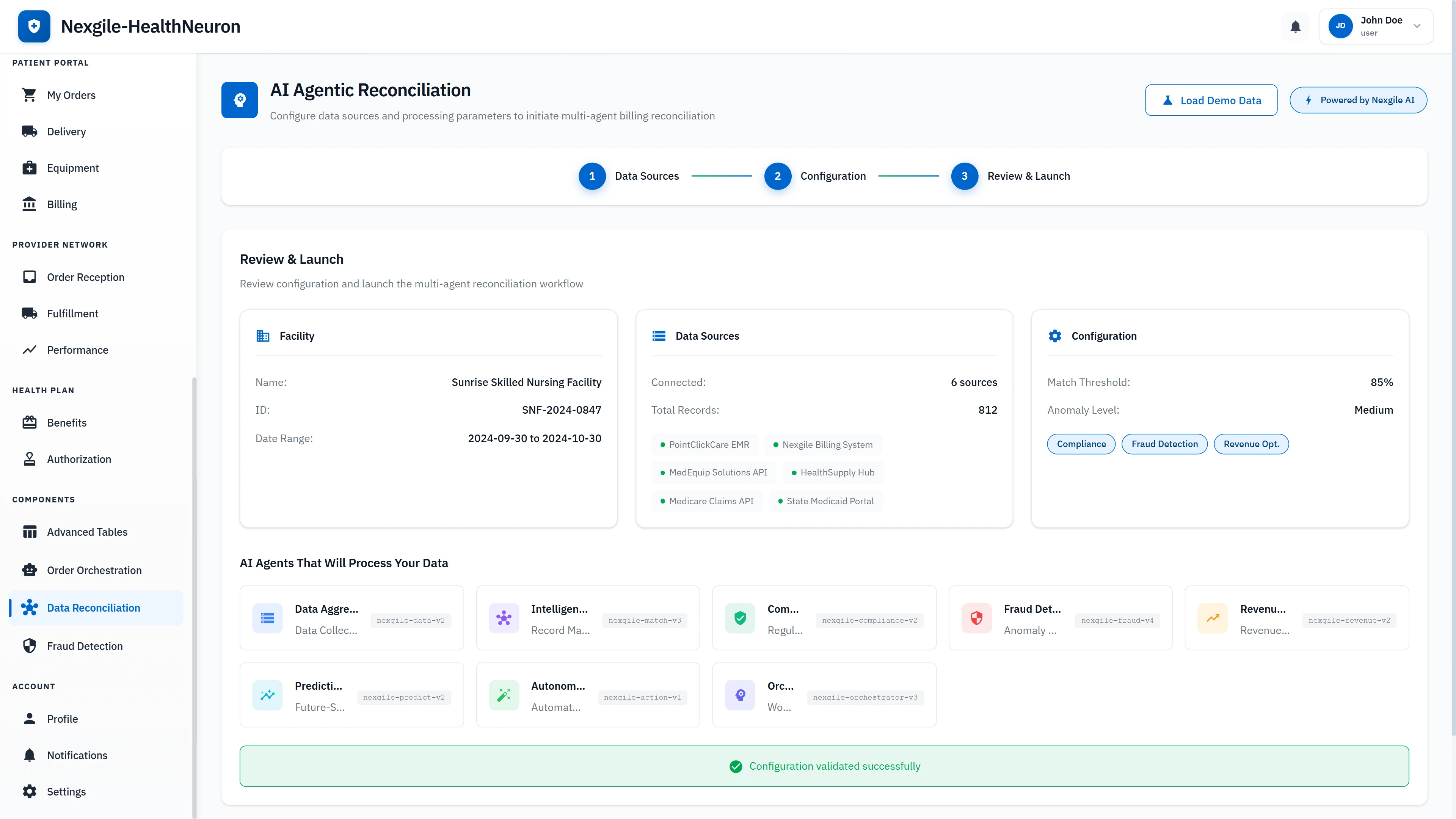 Illustrative preview (sample data, not verified outcomes): Multi-agent reconciliation setup wizard displaying data source connections from 6 systems including EMR and billing platforms, facility configuration, and 8 AI agents ready to process reconciliation
