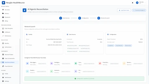 Illustrative preview (sample data, not verified outcomes): Multi-agent reconciliation setup wizard displaying data source connections from 6 systems including EMR and billing platforms, facility configuration, and 8 AI agents ready to process reconciliation