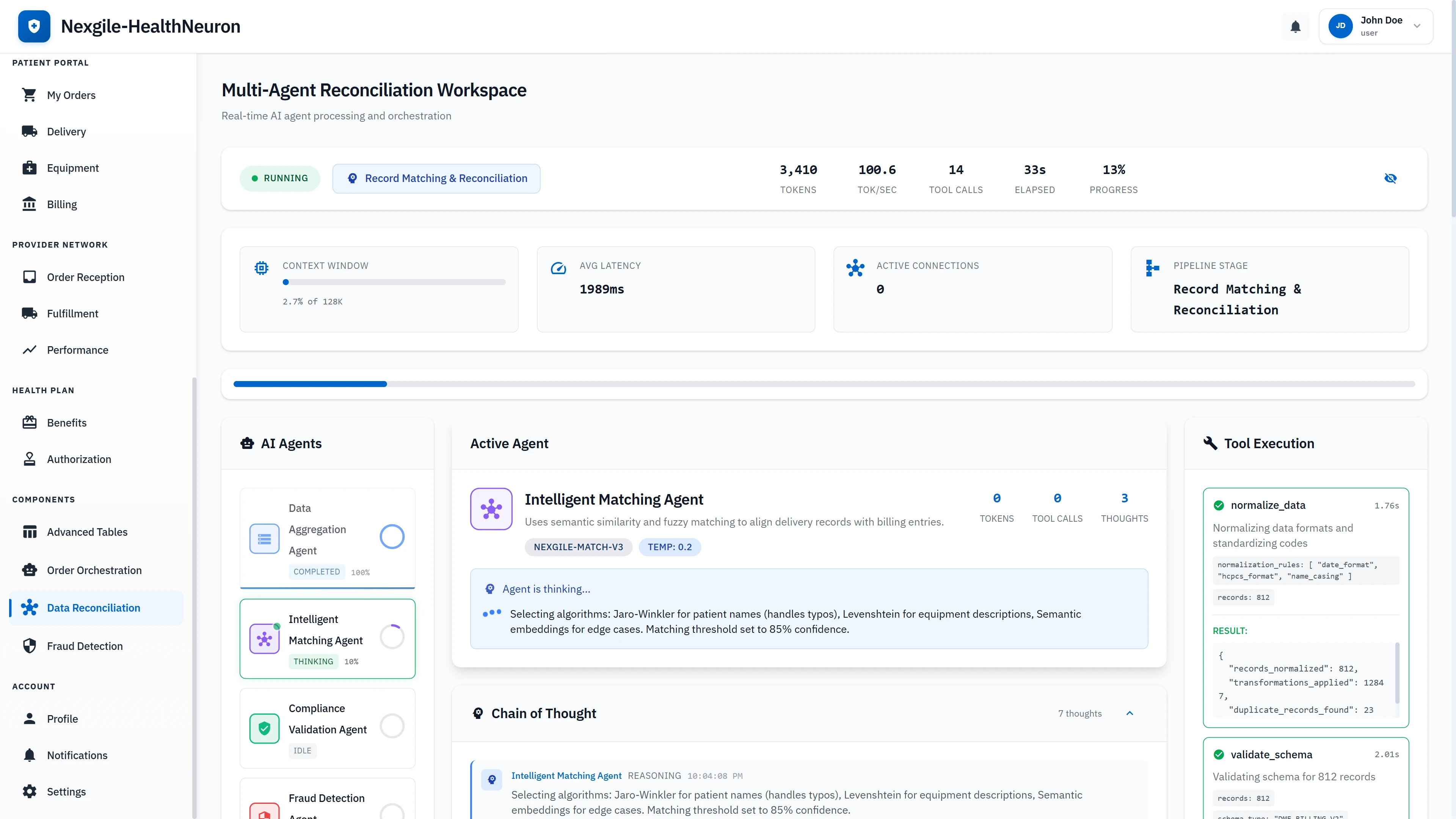 Illustrative preview (sample data, not verified outcomes): Live reconciliation workspace showing Intelligent Matching Agent executing semantic similarity algorithms with real-time chain-of-thought, tool execution visibility, and technical performance metrics