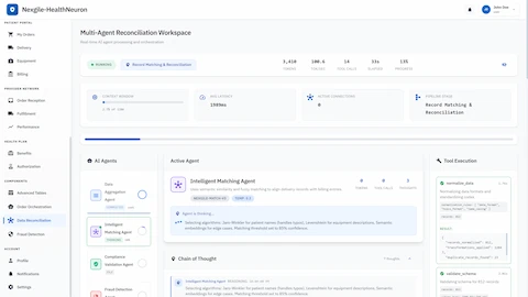 Illustrative preview (sample data, not verified outcomes): Live reconciliation workspace showing Intelligent Matching Agent executing semantic similarity algorithms with real-time chain-of-thought, tool execution visibility, and technical performance metrics