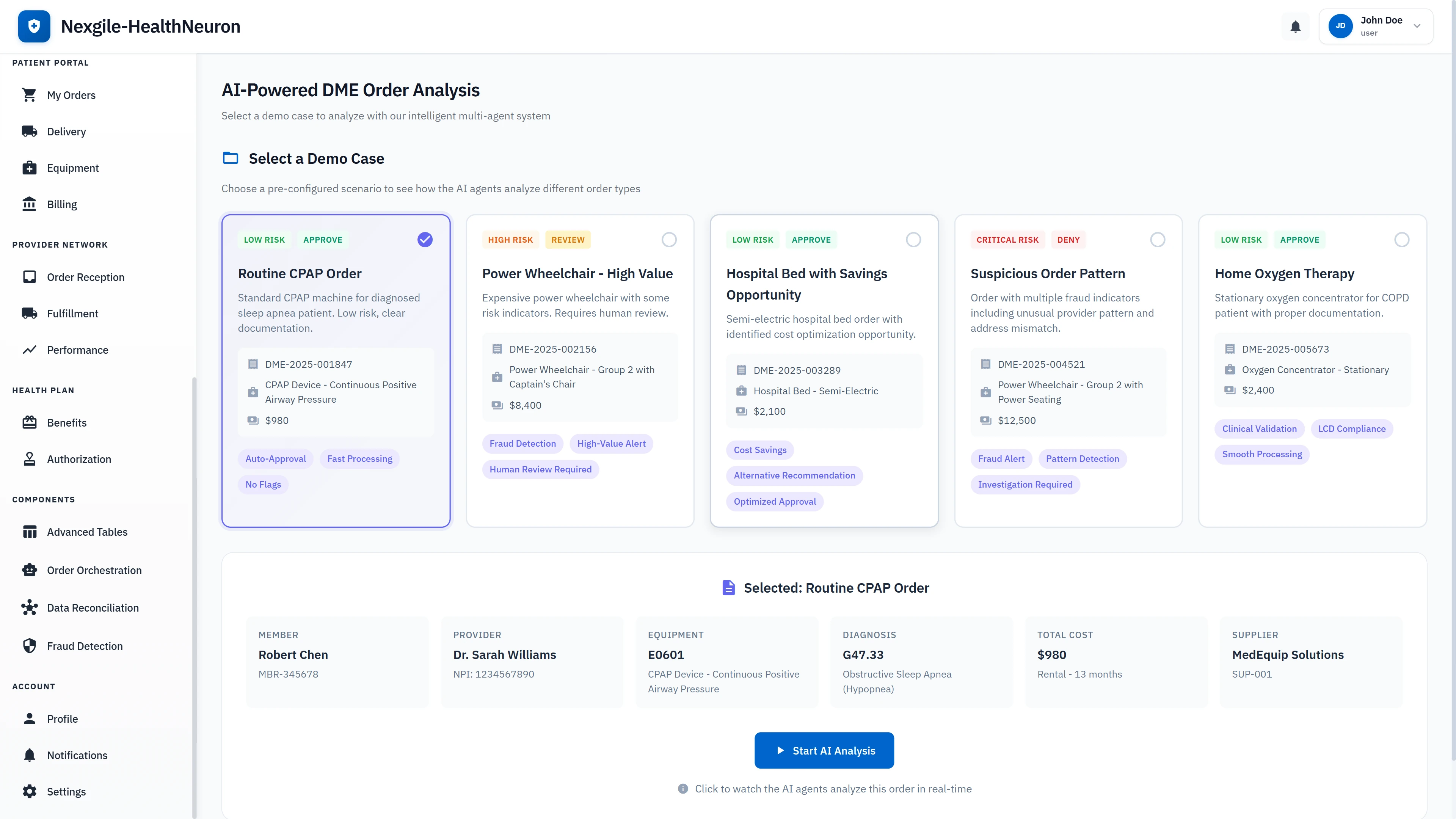 Illustrative preview (sample data, not verified outcomes): Order analysis demo selection interface presenting 5 pre-configured scenarios including routine approvals, high-risk reviews, cost optimization opportunities, and critical fraud cases with detailed member and provider information