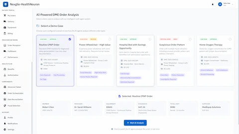 Illustrative preview (sample data, not verified outcomes): Order analysis demo selection interface presenting 5 pre-configured scenarios including routine approvals, high-risk reviews, cost optimization opportunities, and critical fraud cases with detailed member and provider information