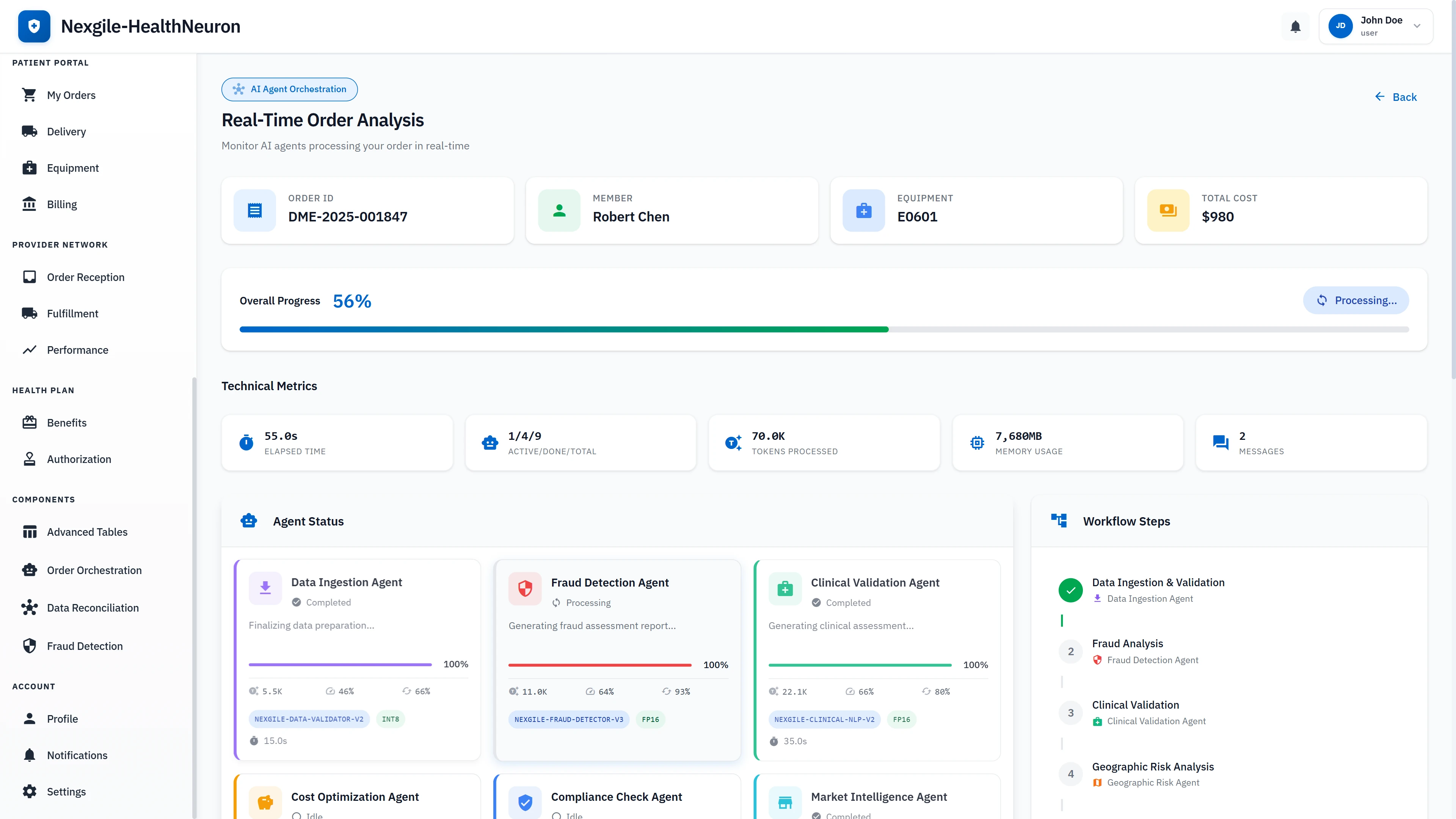 Illustrative preview (sample data, not verified outcomes): Real-time multi-agent analysis monitoring at 56% completion showing 10 agents processing with detailed technical metrics including token usage, memory consumption, and workflow step progression