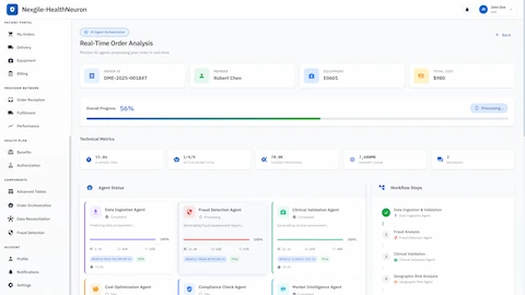 Illustrative preview (sample data, not verified outcomes): Real-time multi-agent analysis monitoring at 56% completion showing 10 agents processing with detailed technical metrics including token usage, memory consumption, and workflow step progression