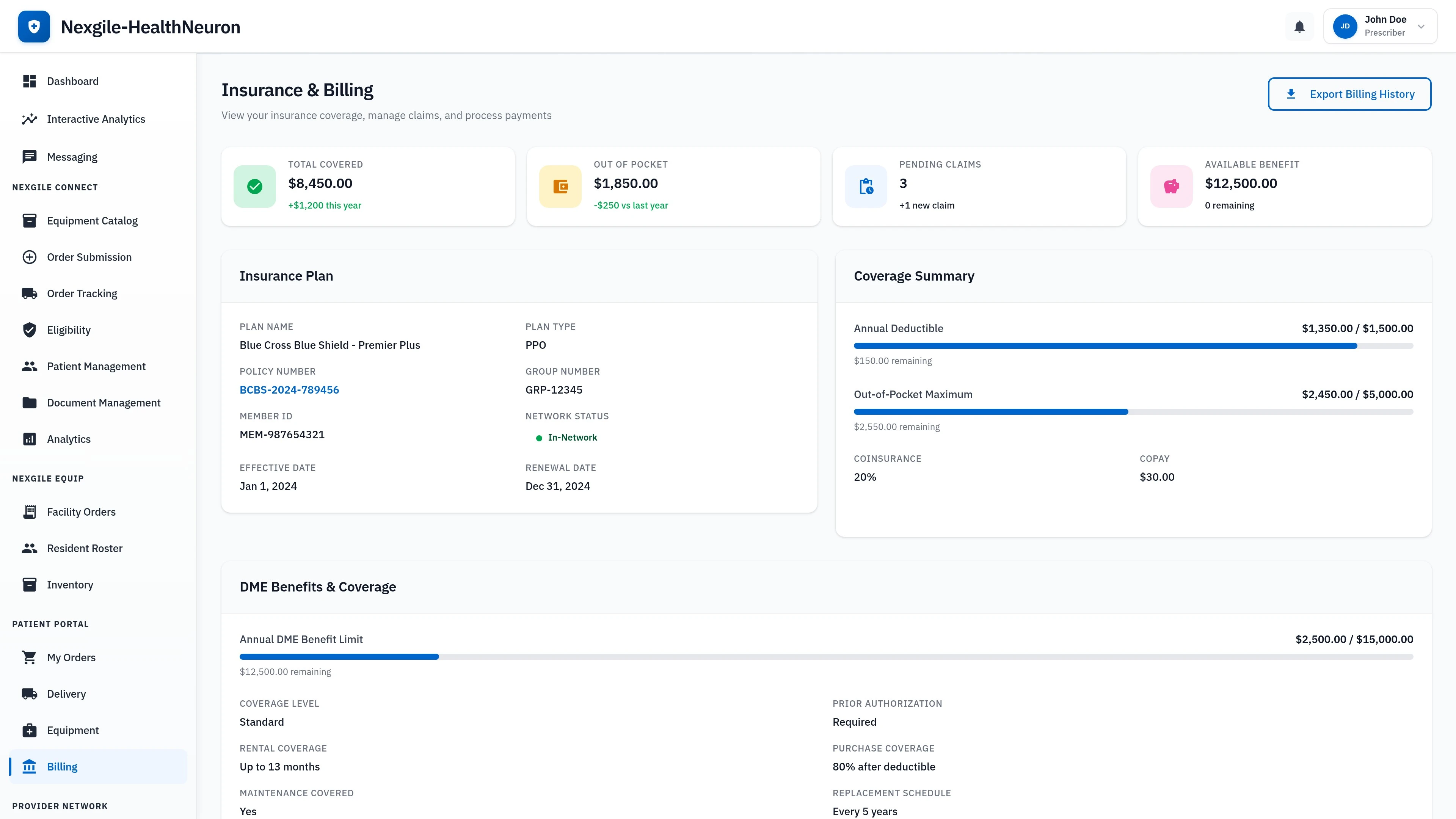 Illustrative preview (sample data, not verified outcomes): Patient Portal - Insurance & Billing section showing transparent coverage details and billing information