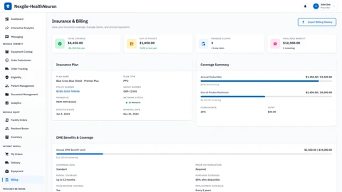 Illustrative preview (sample data, not verified outcomes): Patient Portal - Insurance & Billing section showing transparent coverage details and billing information