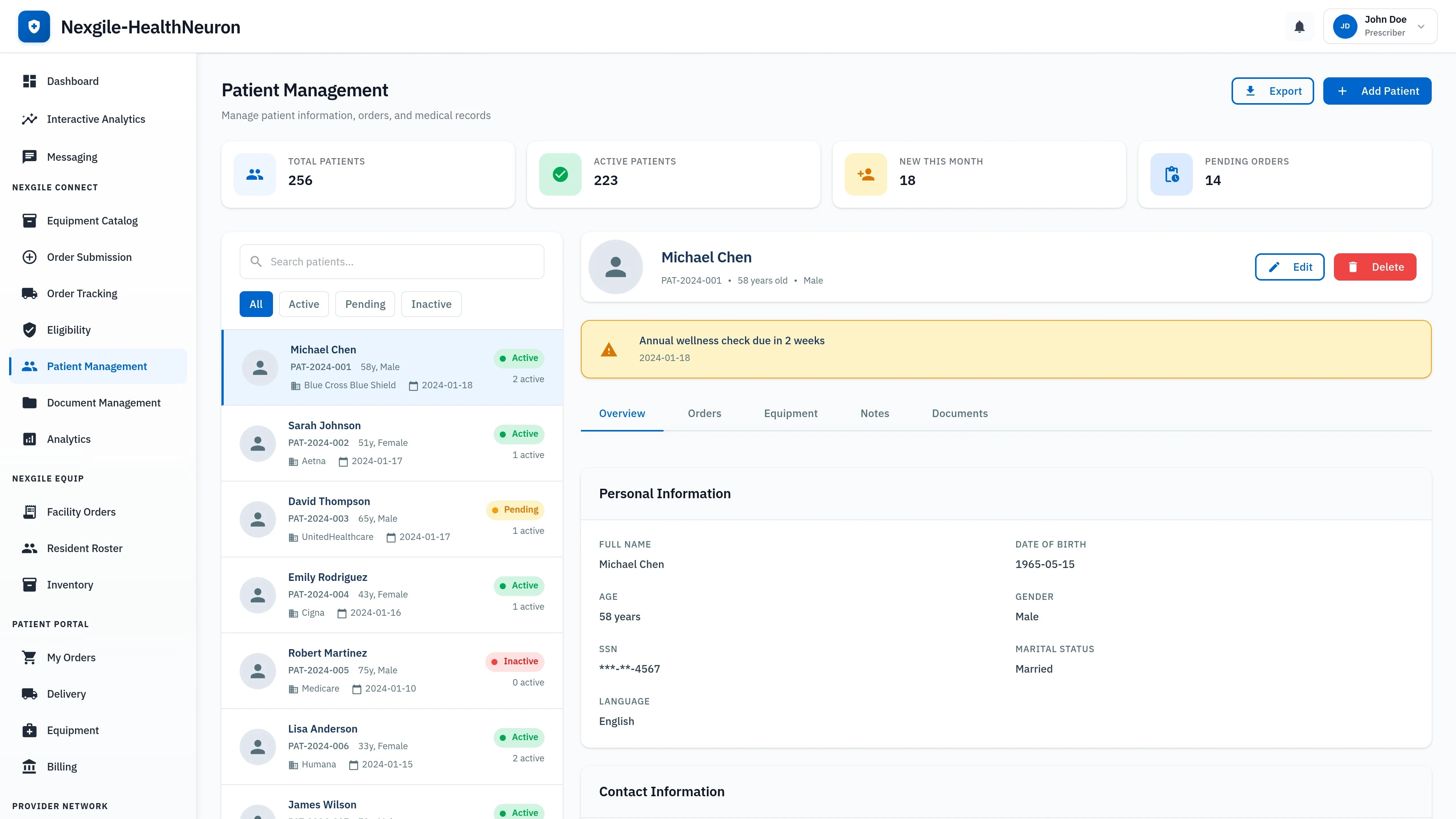 Illustrative preview (sample data, not verified outcomes): Patient Management Interface - Nexgile Connect Portal