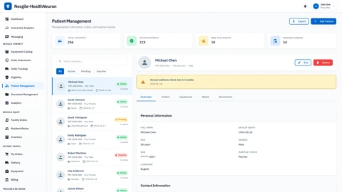 Illustrative preview (sample data, not verified outcomes): Patient Management Interface - Nexgile Connect Portal