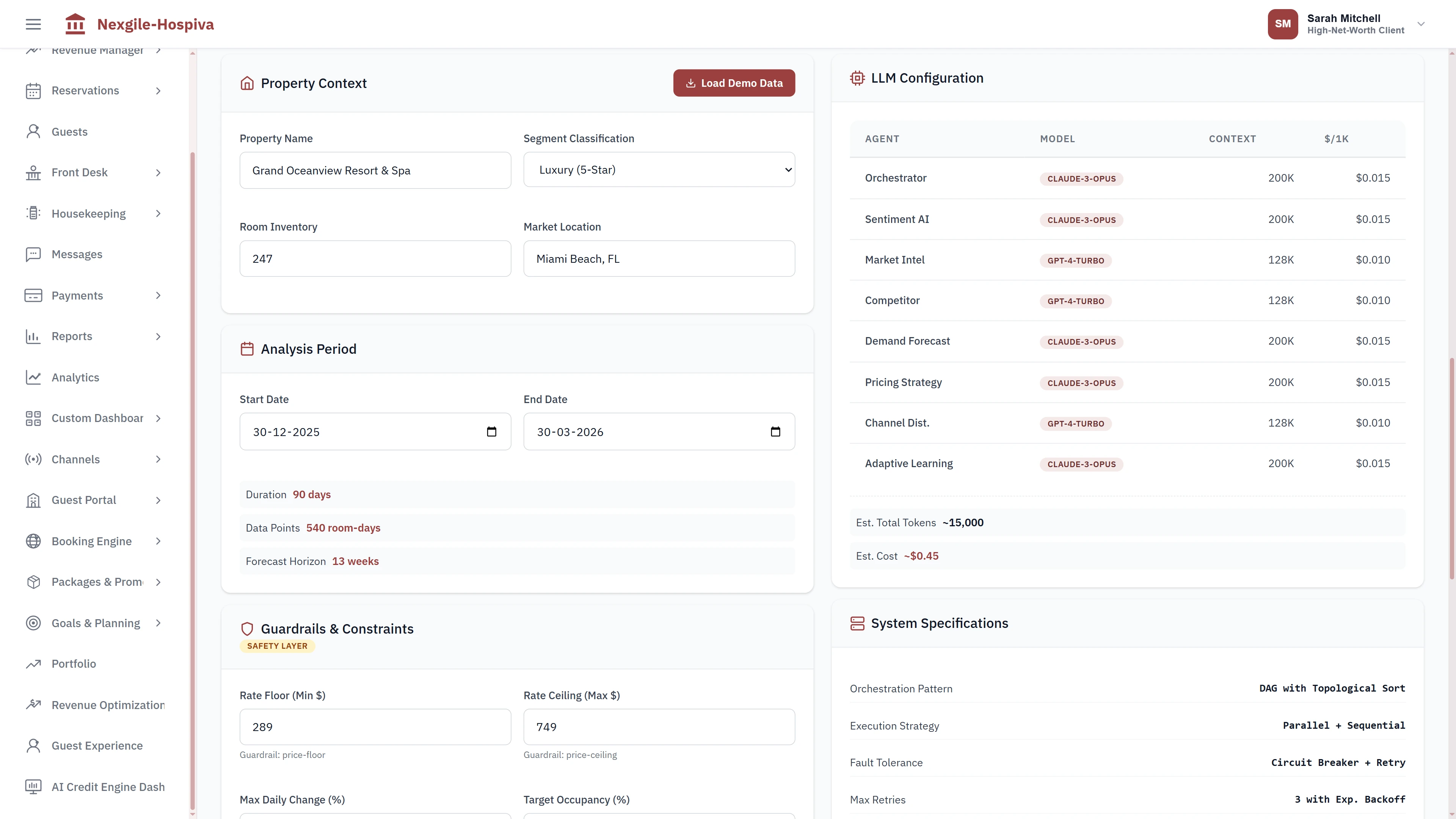 Illustrative preview (sample data, not verified outcomes): Configuration interface showing property context, analysis period, 8-agent LLM configuration with token costs, pricing guardrails, and system specifications