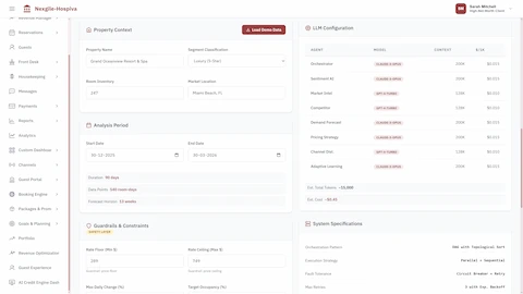 Illustrative preview (sample data, not verified outcomes): Configuration interface showing property context, analysis period, 8-agent LLM configuration with token costs, pricing guardrails, and system specifications