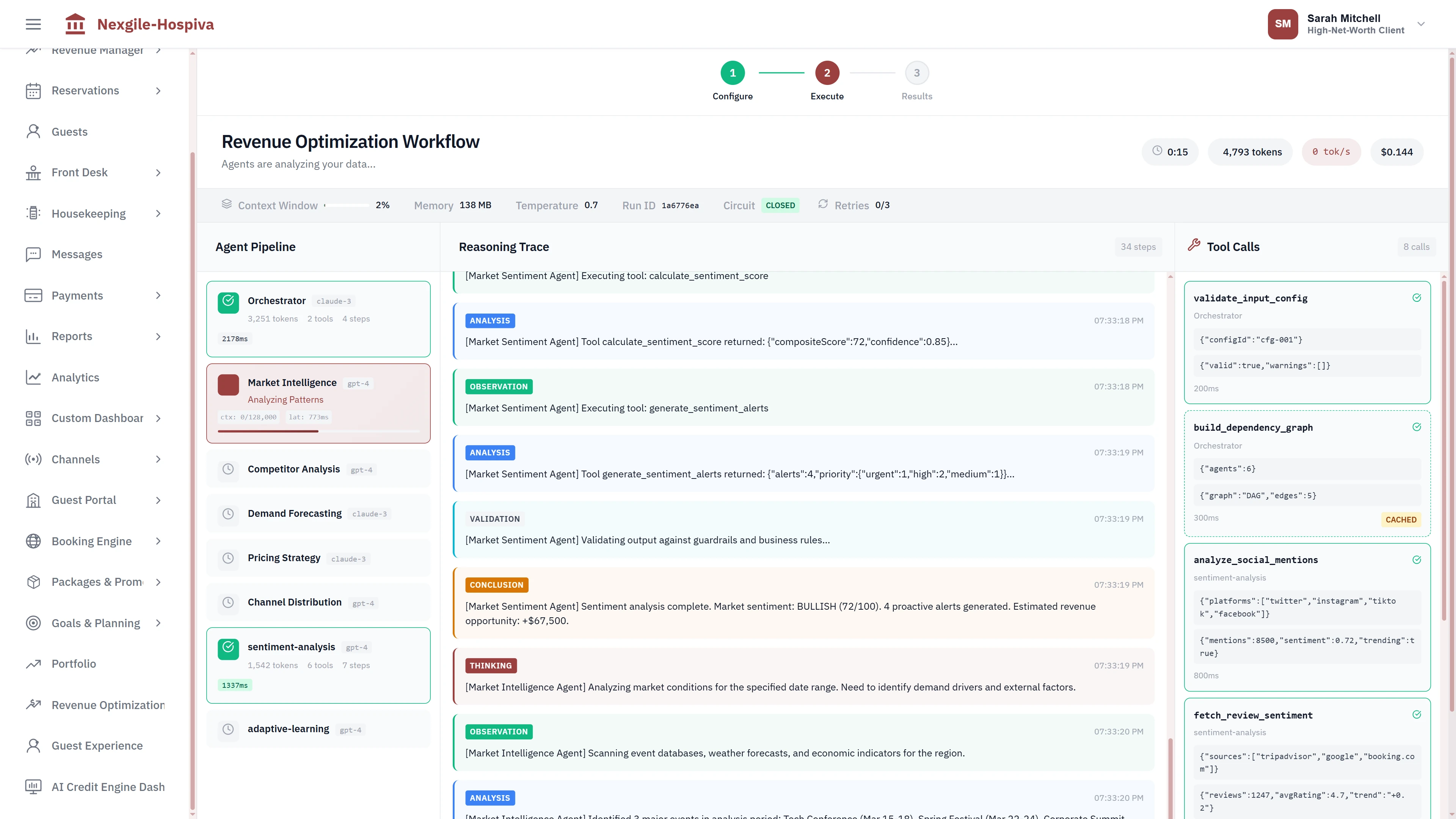 Illustrative preview (sample data, not verified outcomes): Revenue optimization workflow execution with agent pipeline, real-time reasoning traces, and tool invocation monitoring