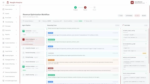 Illustrative preview (sample data, not verified outcomes): Revenue optimization workflow execution with agent pipeline, real-time reasoning traces, and tool invocation monitoring