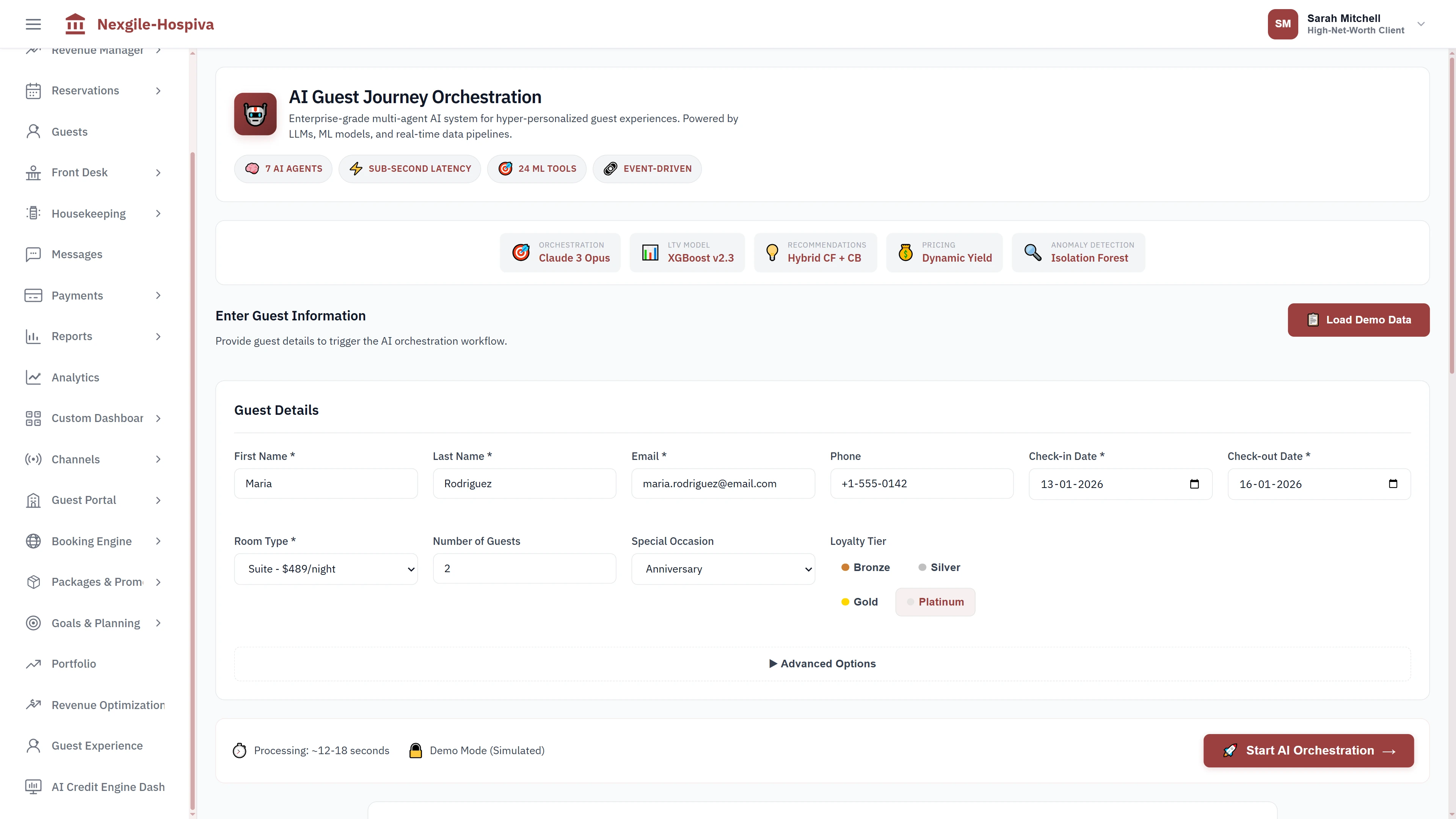 Illustrative preview (sample data, not verified outcomes): Guest journey orchestration input form with 7 AI agents, ML model architecture, and guest booking details for personalized experience generation
