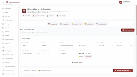 Illustrative preview (sample data, not verified outcomes): Guest journey orchestration input form with 7 AI agents, ML model architecture, and guest booking details for personalized experience generation