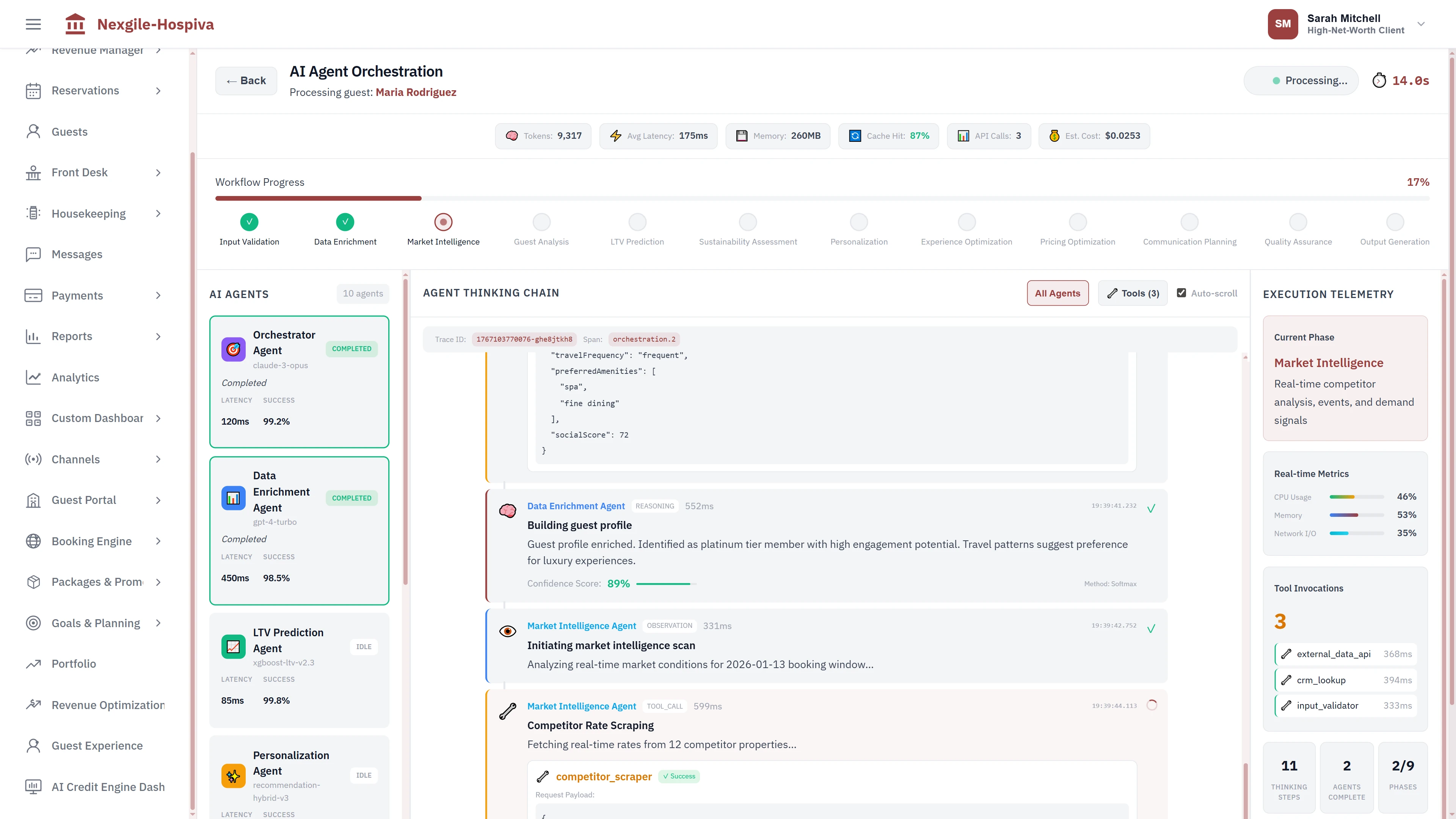 Illustrative preview (sample data, not verified outcomes): Multi-phase AI workflow execution showing agent pipeline, real-time thinking chain, and execution telemetry with system metrics