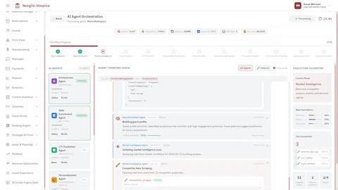 Illustrative preview (sample data, not verified outcomes): Multi-phase AI workflow execution showing agent pipeline, real-time thinking chain, and execution telemetry with system metrics