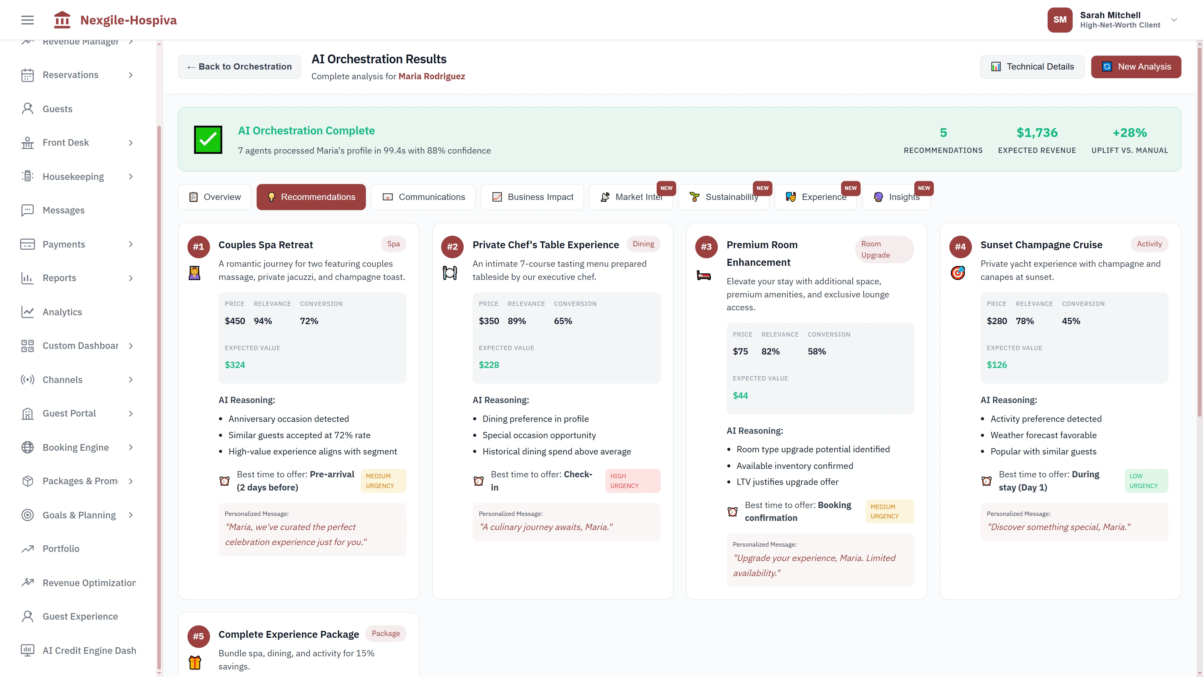 Illustrative preview (sample data, not verified outcomes): Personalized recommendation results with pricing, relevance scores, AI reasoning explanations, optimal timing, and custom messaging