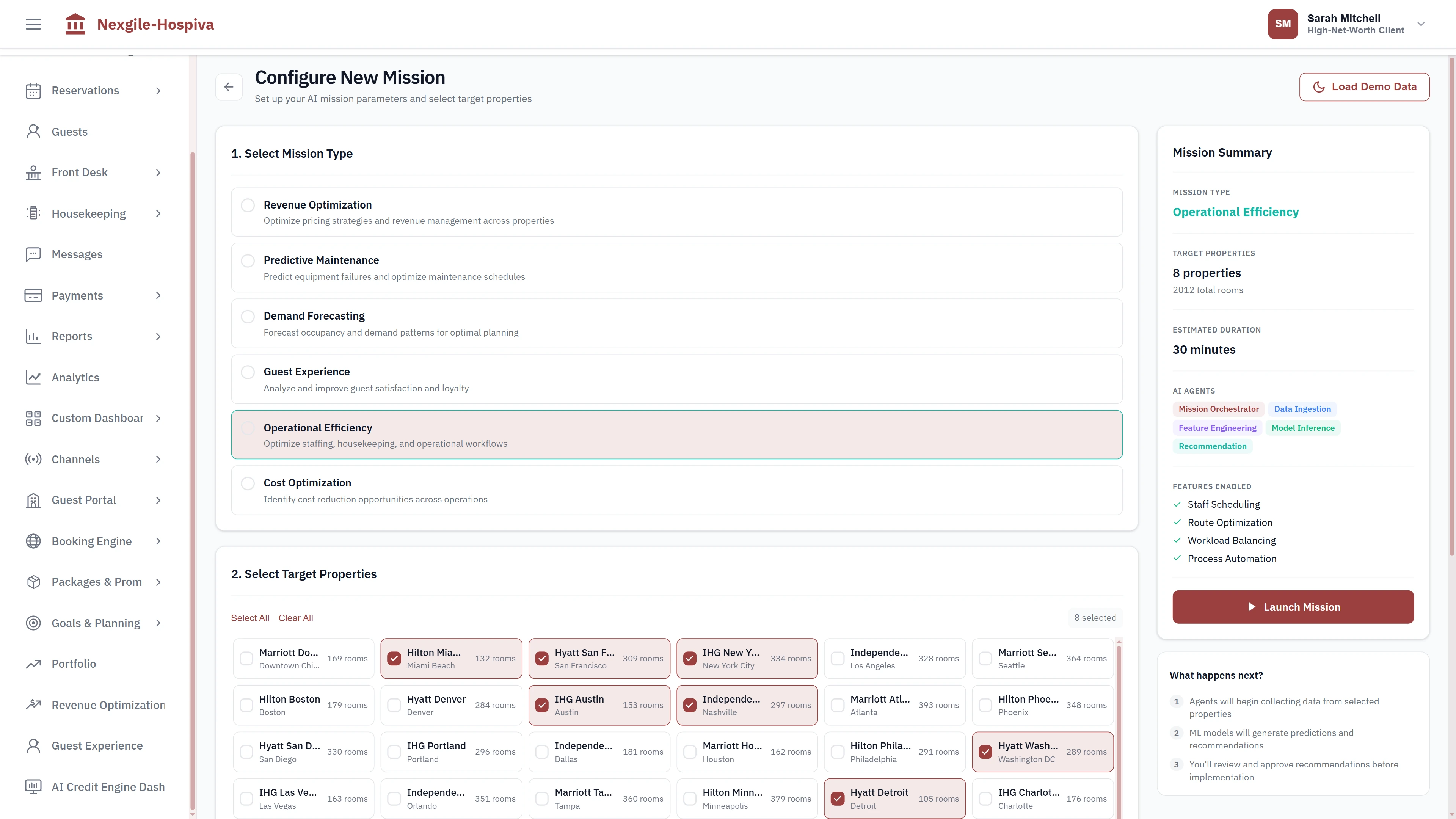 Illustrative preview (sample data, not verified outcomes): Mission configuration interface for selecting operation type, target properties across portfolio, and AI agent features for enterprise analysis