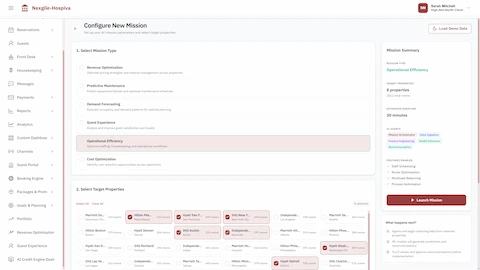 Illustrative preview (sample data, not verified outcomes): Mission configuration interface for selecting operation type, target properties across portfolio, and AI agent features for enterprise analysis