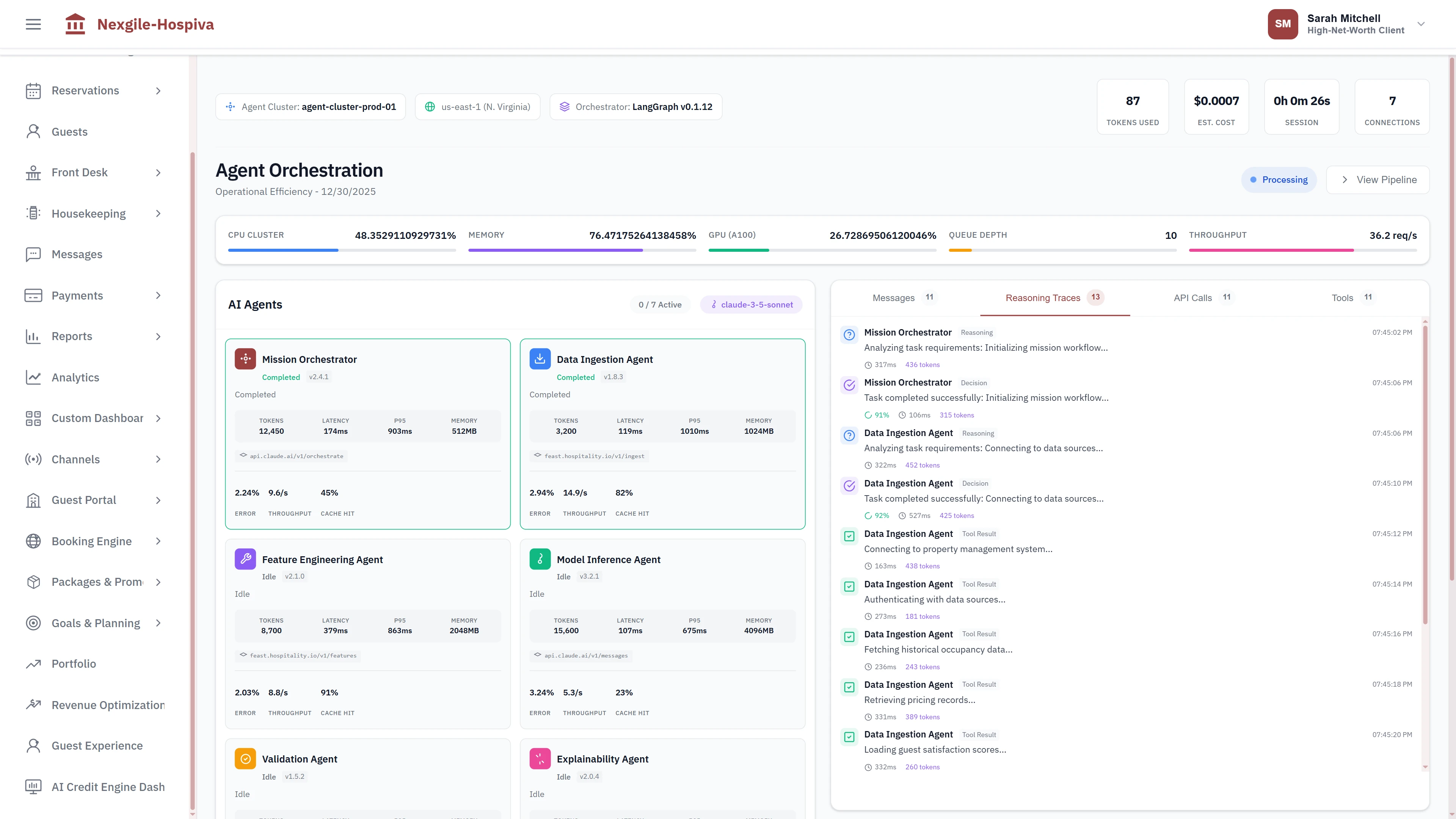 Illustrative preview (sample data, not verified outcomes): Agent orchestration execution view with system infrastructure metrics, agent performance monitoring, and real-time activity logging