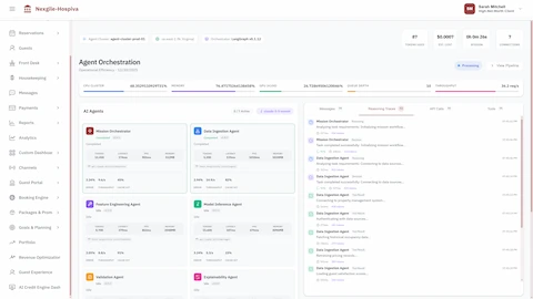 Illustrative preview (sample data, not verified outcomes): Agent orchestration execution view with system infrastructure metrics, agent performance monitoring, and real-time activity logging